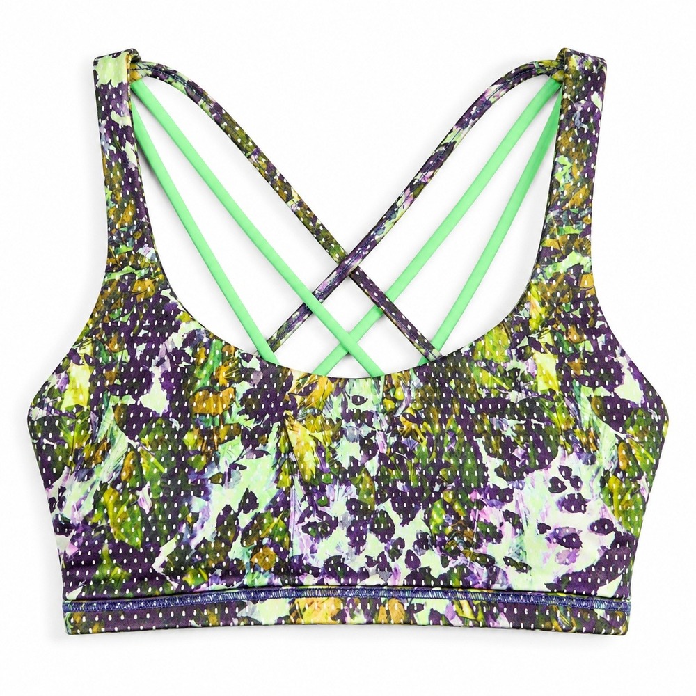 Lululemon Womens Strappy Sports Bra Purple Green Floral Yoga Workout Athletic